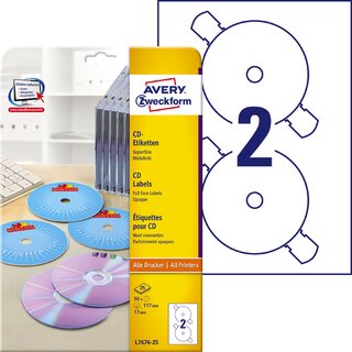 CD/DVD-Etiketten Avery Zweckform L7676, Ø 117mm, weiß, 25...