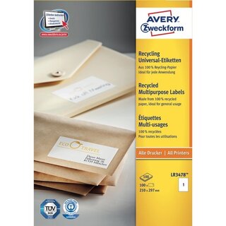 Recycl. Universal-Etiketten Avery Zweckform LR3478, 210 x 297mm (LxB), 100 St