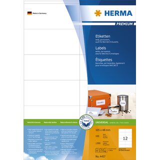 Etiketten Herma 4457 PREMIUM, 105 x 48mm (LxB), weiß, 1200 Stück