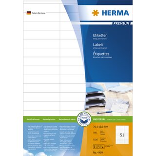 Etiketten Herma 4459 PREMIUM, 70 x 16,9mm (LxB), wei, 5100 Stck
