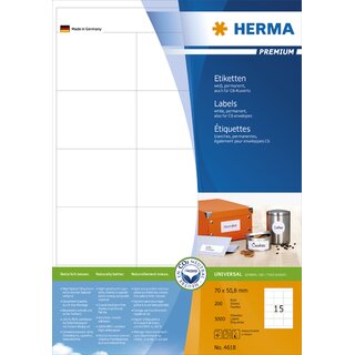 Etiketten Herma 4618 PREMIUM, 70 x 50,8mm (LxB), weiß,...
