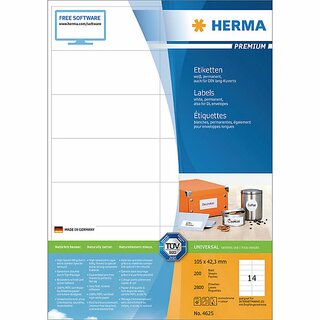 Etiketten Herma 4625 PREMIUM, 105 x 42,3mm (LxB), weiß, 2800 Stück