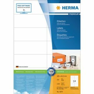 Etiketten Herma 4674 PREMIUM, 105 x 42,3mm (LxB), weiß, 1400 Stück