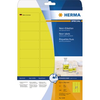 Etiketten Herma 5140, 63,5 x 29,7mm (LxB), neon-gelb, 540 Stck