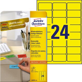 Etiketten Avery Zweckform L6035, 63,5 x 33,9mm (LxB), gelb, 20Bl/480 Stück