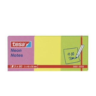 Haftnotizen Tesa 56001 Neon Notes, 40 x 50mm, 3 x 80 Blatt, sortiert, 4 Stck