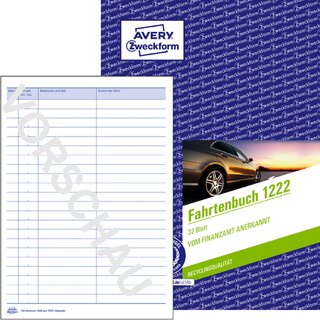 Fahrtenbuch Avery Zweckform 1222, A5, steuerlicher km-Nachweis, we, 32Bl/10St