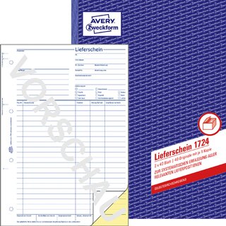 Lieferschein Avery Zweckform 1724, mit Empfangsschein, A4, 2x40Bl, wei/gelb 5St