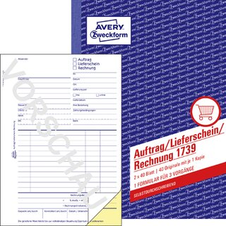 Auftragsbuch Avery Zweckform 1739, selbstdurchschreibend, A5, 2 x 40 Blatt, 10St