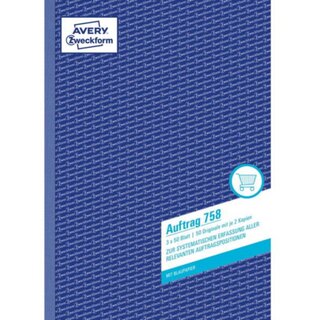 Auftragsbuch Avery Zweckform 758, m 2 Bl Blaupapier, A4, 3x50 Blatt, blau, 5 St