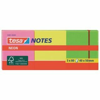 Haftnotizen Tesa 56001 Neon Notes, 40 x 50mm, 3 x 80 Blatt, sortiert, 4 Stck