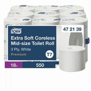 Toilettenpapier Tork 472139 Midi hlsenlos, 3-lagig, 550 Blatt, wei, 18 Rollen