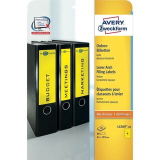 Ordner-Etiketten Avery Zweckform L4769, kurz / breit, gelb, 20 Blatt/80 Stck