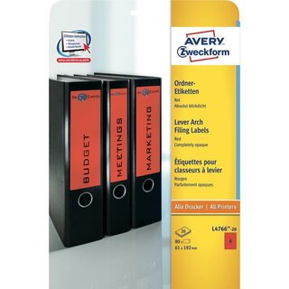 Ordner-Etiketten Avery Zweckform L4766, kurz / breit, rot, 20 Blatt/80 Stck