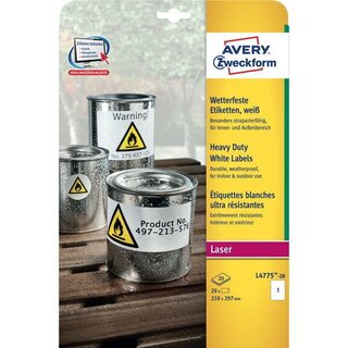 Wetterfeste Etiketten Avery Zweckform L4775-20, 210x297mm (LxB), wei, 20 St.