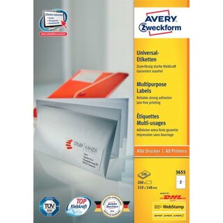 Universal-Etiketten Avery Zweckform 3655, 210x148mm (LxB), wei, 100Bl/200St