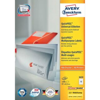 Universal-Etiketten Avery Zweckform 3659, 97x42,3mm (LxB), wei, 100Bl/1.200St