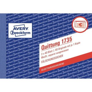 Quittung Avery Zweckform 1735, MwSt. separat ausgewiesen, A6q, 2x40 Blatt