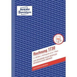 Rechnungsformular Avery Zweckform 1730, Betrag aufgeteilt, A5, 2 x 40 Blatt