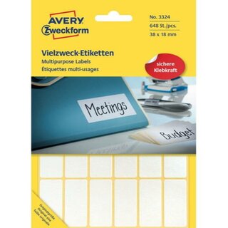 Mini-Etiketten Avery Zweckform 3324, 38 x 18mm (LxB), wei, 27 Blatt/648 Stck