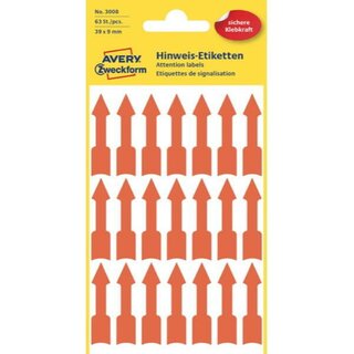 Hinweis-Pfeile Avery Zweckform 3008, 39 x 9mm, leuchtorange, 3 Blatt/63 Stck