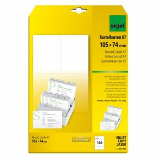 Karteikarten Sigel LP 701, A7, blanko, weiß, 160 Stück