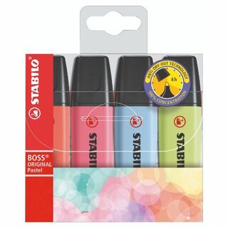Textmarker Stabilo Boss, 2 + 5 mm, pastell sortiert, 4 Stück