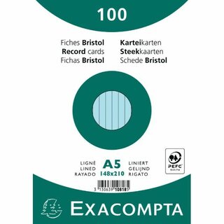 Karteikarten von Exacompta K5 A5 blau liniert, 100 Stück