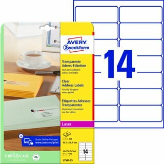 Adress-Etiketten Avery Zweckform L7563, 99,1x38,1mm (LxB), transp, 25Bl/350St