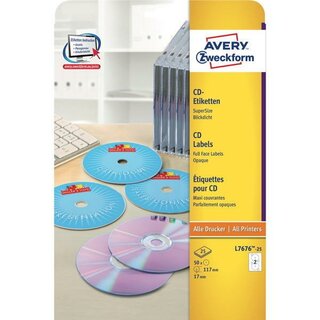 CD/DVD-Etiketten Avery Zweckform L7676, D 117mm, weiß, 25...