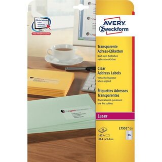 Mini-Etiketten Avery Zweckform L7551, 38,1x21,2mm (LxB), trans. 25Bl/1625St