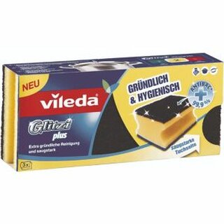 Schwamm Vileda, Glitzi Plus, Antibac, 9 x 7 x 4,5 cm, schwarz/gelb/blau, 3 Stck
