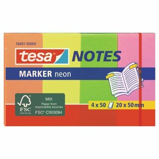 tesa Haftnotiz Marker Notes neon 56691-00000-01, 4 x 50 Blatt, 4farbig sortiert