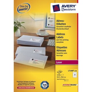 Adress-Etiketten Avery Zweckform L7160, 63,5 x 38,1mm (LxB), we, 25Bl/5250 Stck