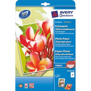 Fotopapier Avery Zweckform 2556, Inkjet, A4, 250g, hochglnzend, 20 Blatt