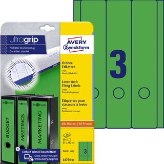 Ordner-Etiketten Avery Zweckform L4754, lang / breit, grn, 20 Blatt/60 Stck