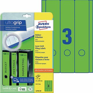 Ordner-Etiketten Avery Zweckform L4754, lang / breit, grn, 20 Blatt/60 Stck