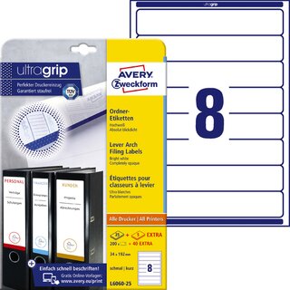 Avery Zweckform L6060 Ordner-Etiketten, kurz / schmal, wei, 30 Blatt/240 Stck