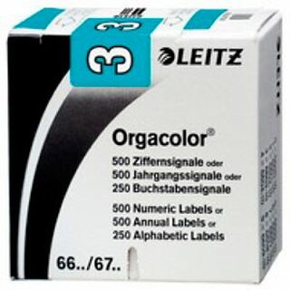 Ziffernsignal Leitz 6603/1, Orgacolor, Ziffer 3, hellblau, 500 Stck