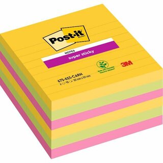 Haftnotizen Post-it Super Sticky 675-S6R, 101 x 101 mm, 6 x 90 Blatt, liniert