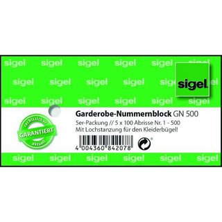 Nummernblock Sigel GN500, 1-500, farbig sortiert, 5 Blcke mit je 100 Blatt