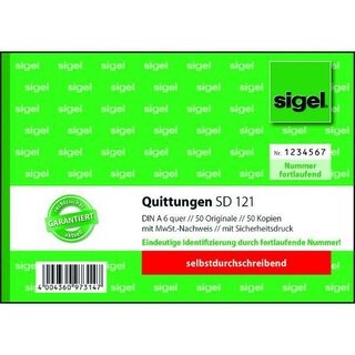 Quittungsblock Sigel SD121, A6, 2 x 50 Blatt, 5 Stück