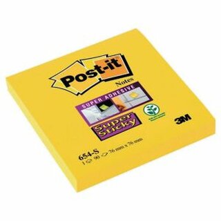 Haftnotizen Post-it 654-S Super Sticky, 76x76 mm, 90 Blatt, gelb, 12 Stck