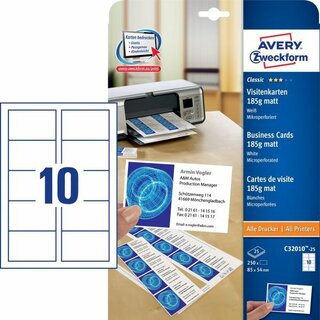 Avery Zweckform C32010 Visitenkarten 185g 85x54mm 250 Stück