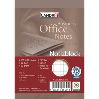 Landré Notizblock 100050295, DIN A6, kariert, 50 Blatt,...