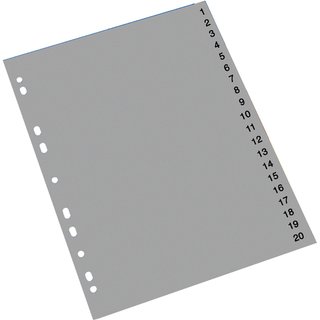 Register, PP, 0,12 mm, 1-20, Eurolochung, A4, 20 Blatt, grau