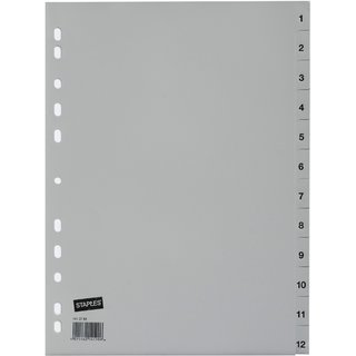 Register, PP, 0,12 mm, 1-12, Eurolochung, A4, 12 Blatt, grau